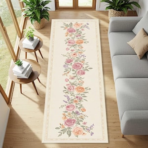Französischer Blumenläufer, Romantischer Landhaus Teppich mit Fließender Pastell Rosengirlande, Eleganter Vintage Akzent für Schlafzimmer oder Flur Dekor