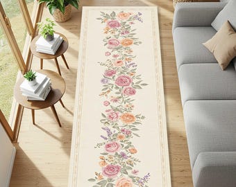 French Floral Runner Rug for Elegant Hallways, Vintage Style Long Carpet with Soft Botanical Pattern for Cottagecore or Shabby Decor