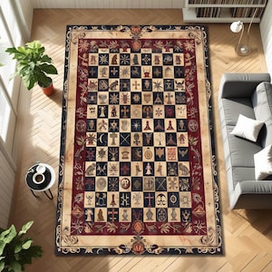 May include: A large rectangular rug with a chess board design. The rug has a dark red border, a beige outer edge, and a black and beige chess board pattern in the center. The chess pieces are represented by various symbols.