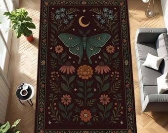 Gothic Motten Teppich - Dunkler Boho Mond Blumenteppich - Mystische Schmetterlings Bodenkunst für Schlafzimmer & Wohnzimmer - Okkulte Natur Dekoration