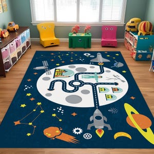 Ruimtespeelkleed voor kinderen met raket, astronaut, maanbasis en planeten – ruimtethematapijt voor peuter- en kinderkamerinrichting