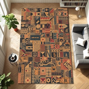 May include: A large rectangular area rug with a patchwork design. The rug features a variety of geometric shapes and patterns in shades of brown, navy, red, and beige. The rug is placed on a hardwood floor.