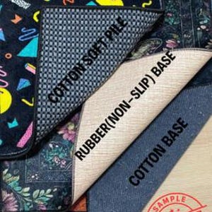 May include: A close-up of several rug samples, showcasing different patterns and textures. One rug features a black background with colorful geometric shapes. The underside reveals a cotton soft pile. The base is rubber (non-slip) and cotton. The word "SAMPLE" is stamped on the bottom.