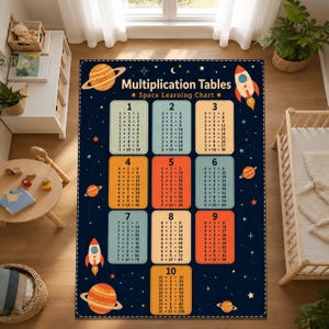 Puede incluir: Una alfombra azul marino con temática espacial, con tablas de multiplicar del 1 al 10. La alfombra tiene planetas, cohetes y estrellas. El texto "Multiplication Tables Space Learning Chart" está en la parte superior.