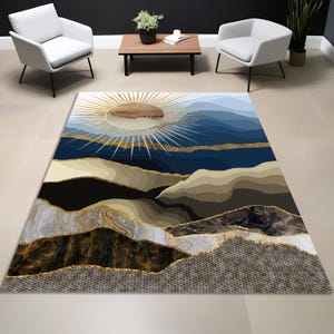 Abstract Mountain Rug with Gold Sun Landscape, Modern Nature Scene Area Carpet, Boho Earth Tone Floor Decor for Elegant Living Spaces