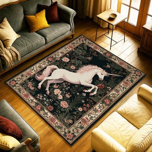 Unicorn Forest Rug, Mythical Creature Carpet with Floral Border and Magical Nature Scene, Fantasy Fairytale Aesthetic for Elegant Spaces