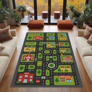 City Map Play Rug for Kids Room, Interactive Town Road Mat with School, Gas Station, Playground & Shops for Learning Through Playtime