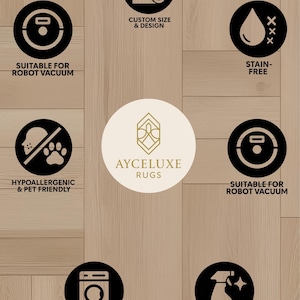 May include: An infographic for Ayceluxe Rugs featuring a central logo and seven black circular icons with white symbols and text: Custom Size & Design, Stain-Free, Suitable for Robot Vacuum, Hypoallergenic & Pet Friendly, Machine Washable, and Easy to Clean.