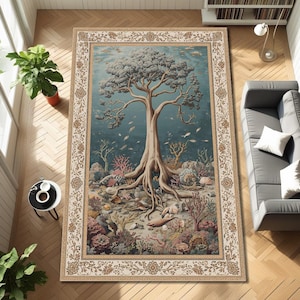 May include: Rectangular rug depicting an underwater scene with a large tree. The rug has a beige border with floral patterns. The central design includes a tree with exposed roots, coral, fish, and a blue-green background.