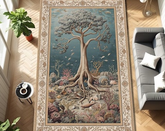 Unterwasser Teppich Baum des Lebens Teppich Küstenkoralleriff Teppich Ozean Fantasie Bereich Teppich Vintage Marine Dekor Schlafzimmer Wohnzimmer Boden Akzent Matte Kunst