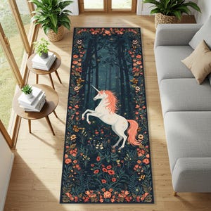 Fairytale Unicorn Runner Rug, Twin Whimsical Horses in Moonlit Castle Garden, Enchanted Fantasy Floral Runner, Romantic Magical Night Carpet