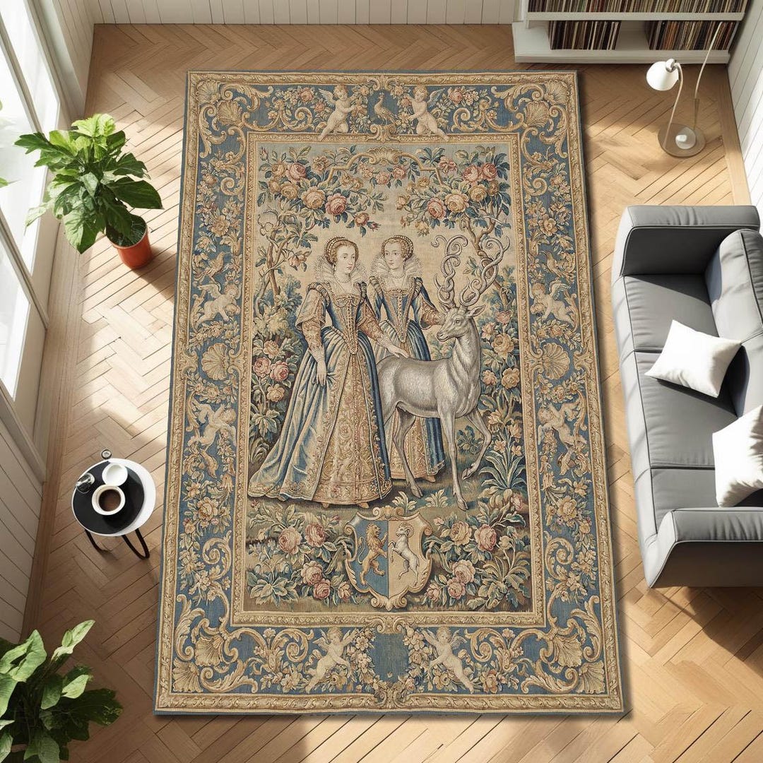 Medieval Area Rug Medieval Tapestry Area Rug Princess Deer Carpet Vintage Floral Castle ...