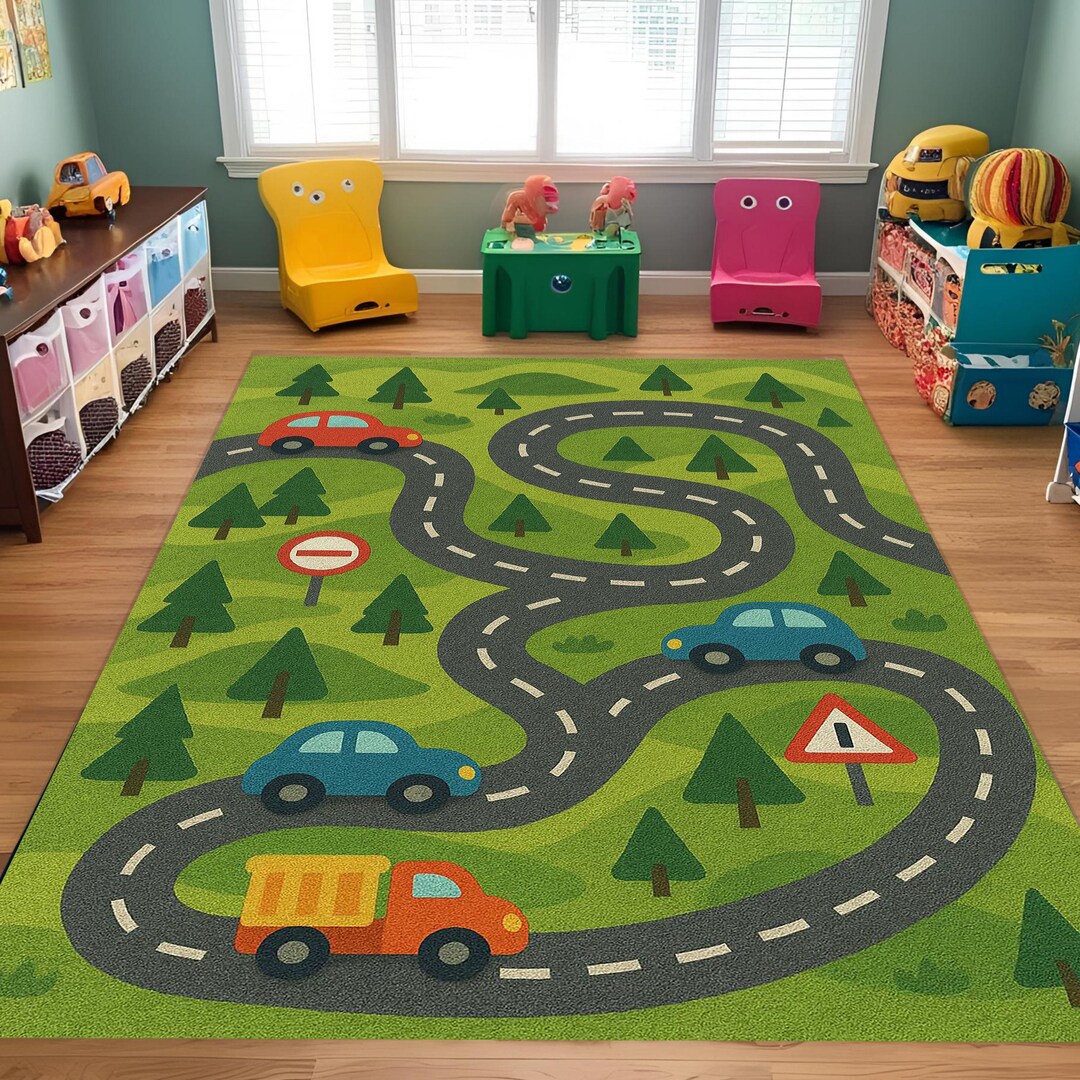 Car Rug Forest Forest Road Rug for Kids Room – Curvy Track With Cars, Trees and ...