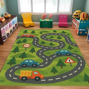 Waldweg Teppich für Kinderzimmer - Kurvenreiche Strecke mit Autos, Bäumen und Verkehrsschildern, Idealer Teppich für Kleinkind-Spielzeit und Spielzeugfahrzeug-Spaß
