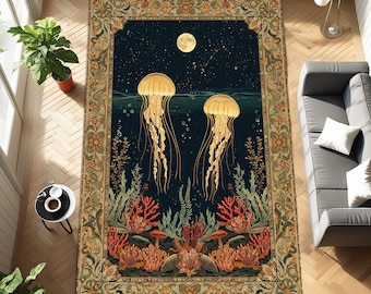 Celestial Jellyfish Area Rug, Moonlit Ocean Carpet, Vintage Coral Reef Floor Mat, Art Nouveau Sea Life Home Decor Rug Statement Accentc