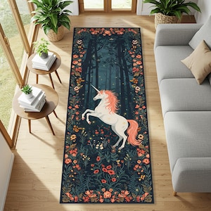 Fairytale Unicorn Runner Rug, Twin Whimsical Horses in Moonlit Castle Garden, Enchanted Fantasy Floral Runner, Romantic Magical Night Carpet