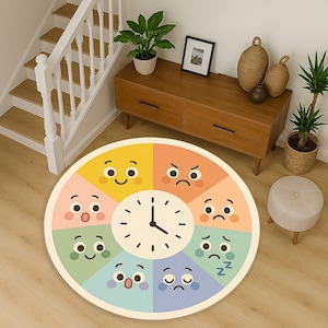 Emotions Clock Round Rug for Kids, Educational Feelings Chart Carpet with Colorful Faces, Toddler Learning Mat for Preschool Classroom Decor
