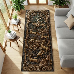 May include: A rectangular, intricately carved rug with a forest scene featuring deer and a rider on horseback. The rug has a dark teal background with bronze-colored relief details. The design includes floral and tree elements.