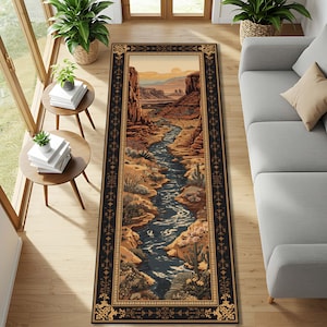 Southwestern Canyon River Runner Rug, Desert Landscape Hallway Carpet with Vintage Border, Entryway Kitchen Decor, Long Narrow Mat