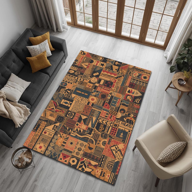 Afrocentric Tribal Patchwork Area Rug – Bold Ethnic Geometric Carpet ...