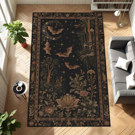 Witchy Gothic Rug, Dark Bat and Moon Carpet with Starry Night Garden, Celestial Mystical Decor for Living Room or Spirit Room Accent