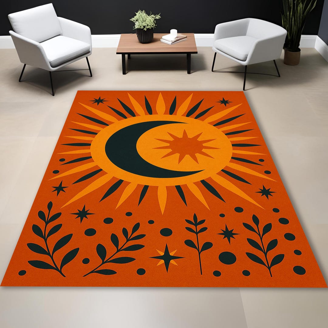 Blood Moon Rug Boho Sun and Moon Rug, Celestial Nature Carpet, Rust Orange Bohemian ...