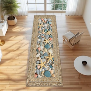Beach Pebble Runner Rug with Starfish & Seashells, Coastal Summer Floor Mat, Ocean Theme Hallway Kitchen Entryway Decor, Nautical Sand image 3