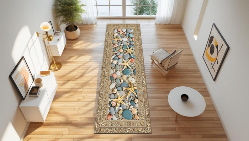 Beach Pebble Runner Rug with Starfish & Seashells, Coastal Summer Floor Mat, Ocean Theme Hallway Kitchen Entryway Decor, Nautical Sand image 3