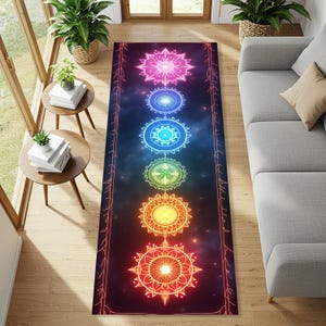 May include: A rectangular yoga mat featuring a dark blue background with a galaxy design. The mat displays seven colorful chakra symbols in a vertical line. The edges are lined with a red floral design.