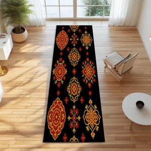 Oriental Runner Rug with Red Gold Floral Motifs on Black Background, Vintage Hallway Carpet for Ottoman Style and Classic Interior Decor