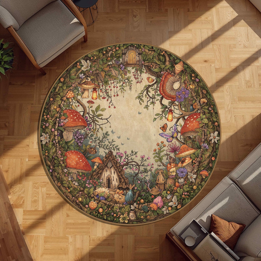 Round Cottagecore Rug, Fairy Garden Mushroom Carpet, Woodland Nursery ...