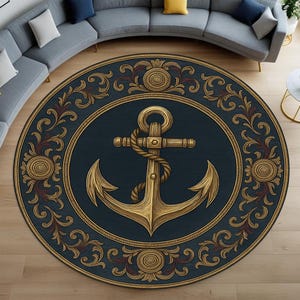 Nautical Anchor Round Rug, Navy Marine Carpet with Golden Rope, Vintage Baroque Style Mat for Coastal Decor, Beach House Floor Accent