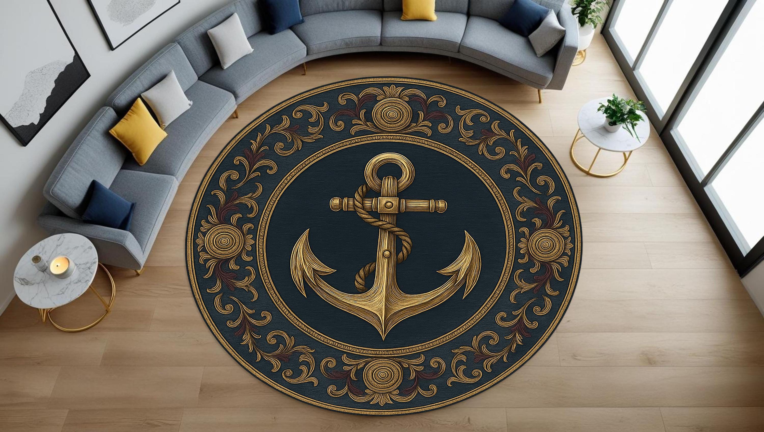航海アンカーラウンドラグ、金色のロープが付いたネイビーマリンカーペット、海岸沿いの装飾に最適なヴィンテージバロックスタイルのマット、ビーチハウスの床のアクセント  - Etsy 日本, image size:3000x1695