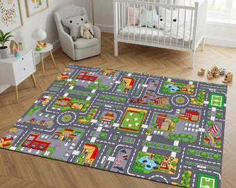 May include: A rectangular play rug with a city map design. The rug features roads, buildings, parks, and a soccer field in various colors. The rug is placed on a wooden floor in a nursery setting.