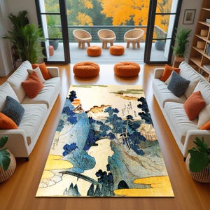 Japanese Landscape Rug with Fuji Mountain, Sunset River View and Edo Era Aesthetic – Ukiyo-e Style Carpet for Zen, Calm and Artful Spaces