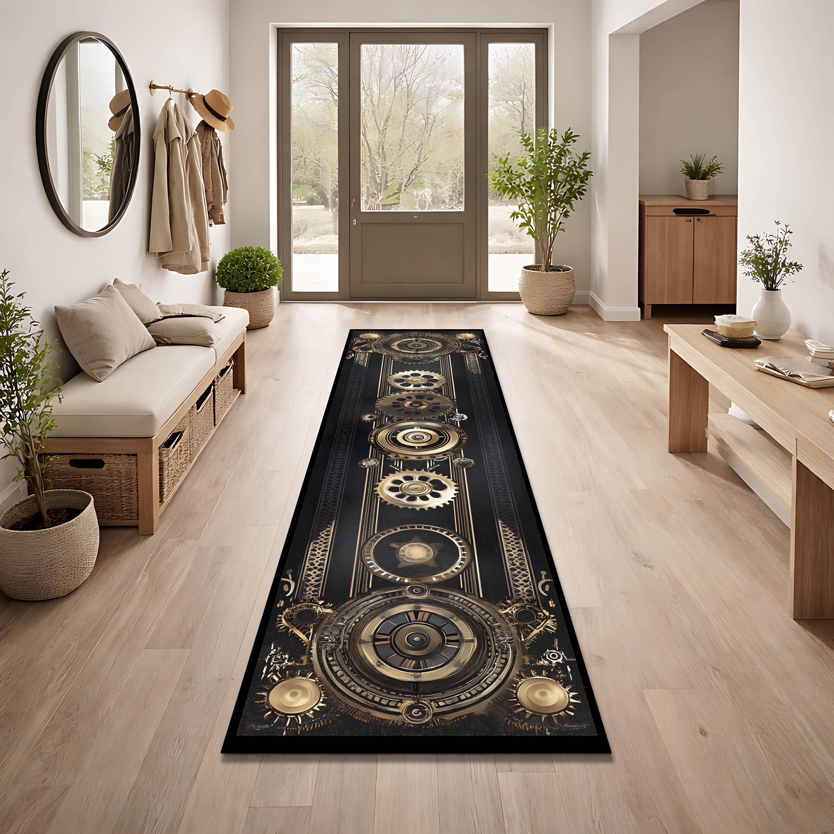 Steampunk Clockwork Gear Runner Rug, Black and Gold Industrial Hallway ...