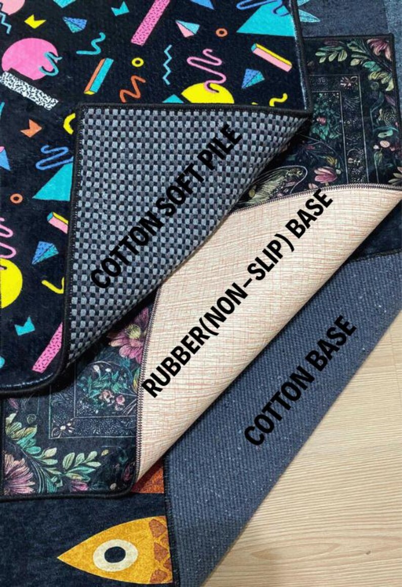 May include: A close-up of several rugs with different designs and textures. One rug features a black background with colorful geometric shapes. The underside of the rugs reveals a cotton soft pile, a rubber non-slip base, and a cotton base.