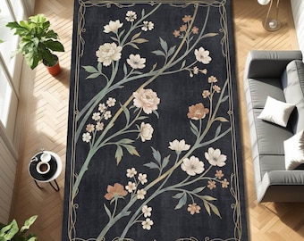 Elegant Floral Area Rug Vintage Botanical Carpet Dark Background Flower Rug Cottagecore Home Decor Classic Living Room Large Floor Mat