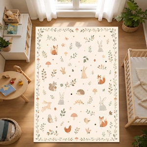 Woodland Nursery Rug, Forest Animal Carpet, Fox Bunny Hedgehog Playroom Decor, Neutral Botanical Floor Mat for Baby and Kids Room Decor