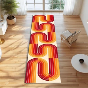 Retro Lines Runner Rug, Colorful 70s Style Carpet in Orange and Red, Funky Hallway Mat, Mid Century Modern Design, Geometric Wave Pattern