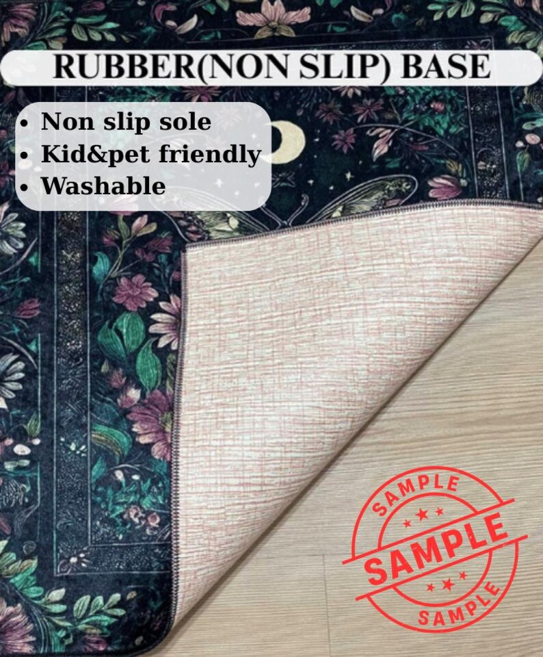 May include: A dark floral patterned rug with a rubber non-slip base. The rug features a design with flowers and leaves in shades of green, purple, and pink. The text on the rug says it is non-slip, kid and pet friendly, and washable.