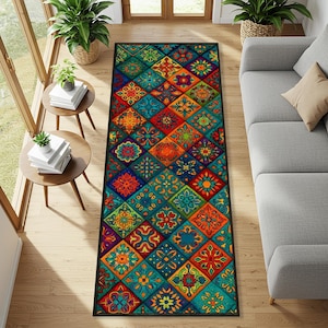 Boho Colorful Patchwork Runner Rug with Ethnic Tile Pattern for Vibrant Hallway Decor, Maximalist Living Room Style or Eclectic Folk Accent