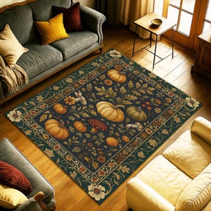 Autumn Pumpkin Floral Rug, Vintage Cottagecore Carpet With Mushrooms, Dark Folk Harvest Tapestry, Fall Garden Decor, Rustic Nature Mat