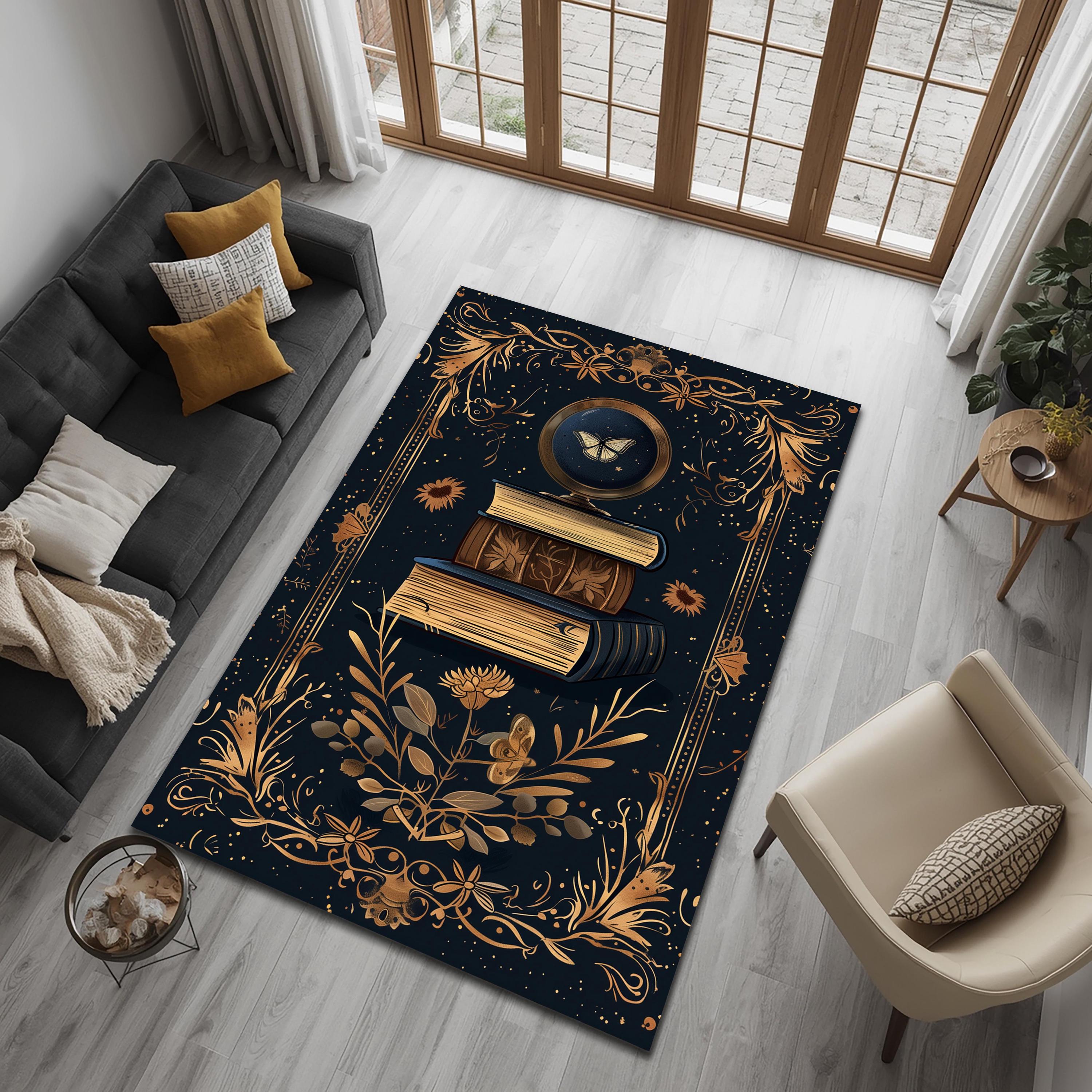 Literary Rug Dark Academia Book Stack Rug, Vintage Library Area Carpet, Celestial ...