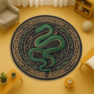 Tappeto Serpent Witchcore con simboli occulti della mezzaluna, tappeto pagano rotondo per spazi rituali o decorazioni boho dark, tappeto mandala con serpente spirituale