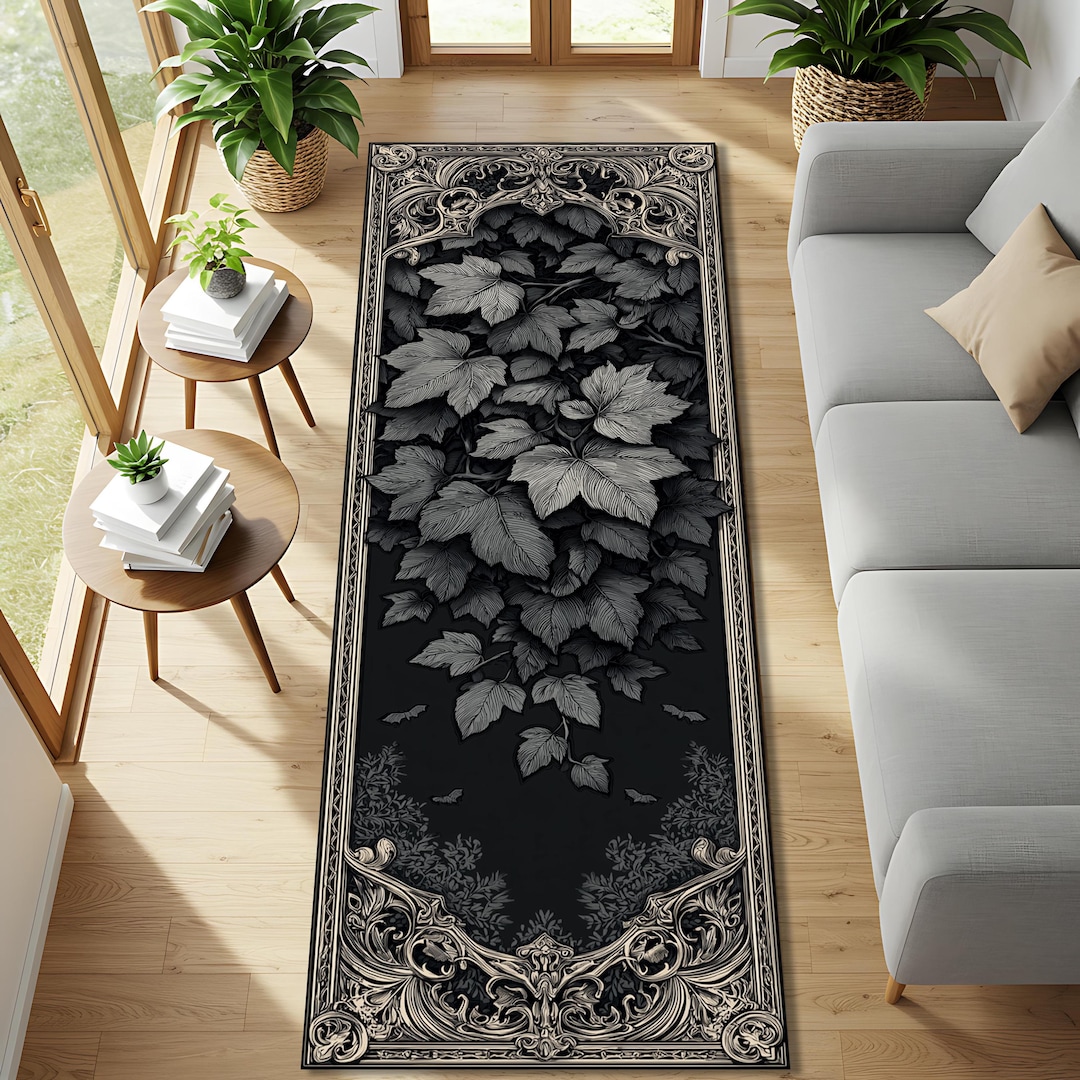 Gothic Leaf Runner Rug, Black Silver Victorian Baroque Border Carpet ...