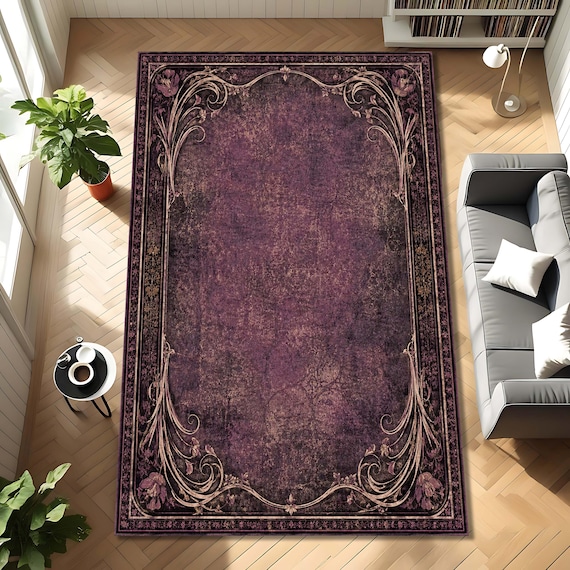 Plum Purple Vintage Rug, Art Nouveau Floral Carpet, Distressed Victorian Area Rug, Moody Bedroom Decor, Antique Ornate Floor Accent