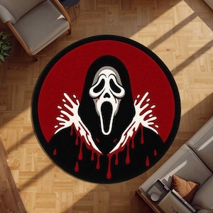 Red Black Horror Rug, Scary Mask Round Area Rug, Gothic Halloween Floor Decor, Creepy Movie Inspired Bedroom Living Room Carpet Mat