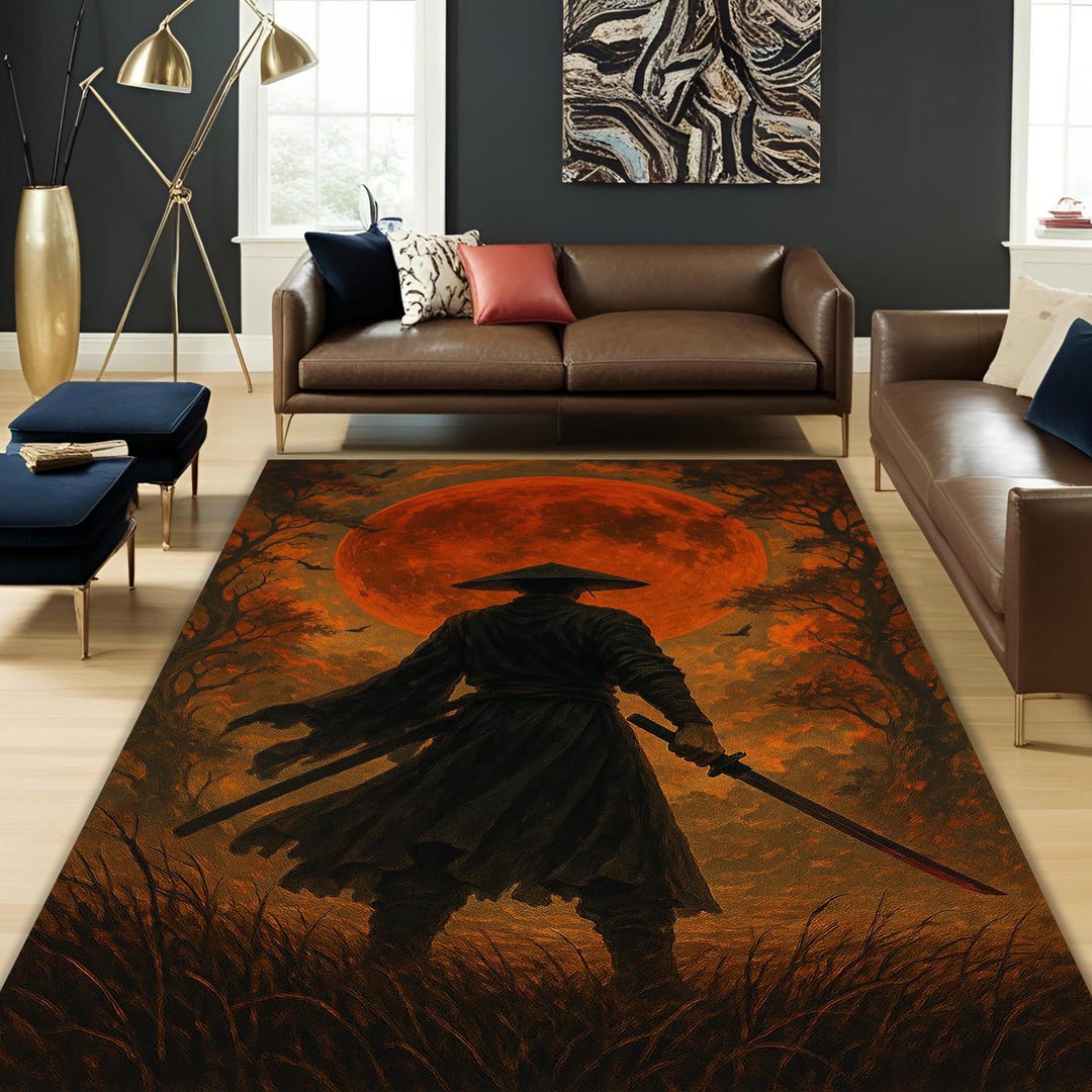 Blood Moon Rug Samurai Blood Moon Rug, Dark Warrior Art Carpet, Gothic Katana Floor ...
