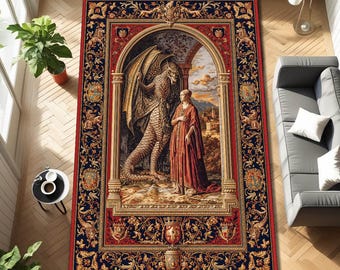 Medieval Dragon Tapestry Rug with Lady and Mythical Creature, Vintage Renaissance Mat with Heraldic Border, Gothic Baroque Living Room Decor